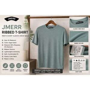 JMIERR Mens Ribbed Knit T-Shirt Sage Green Short Sleeve Crew Neck Curved Hem M